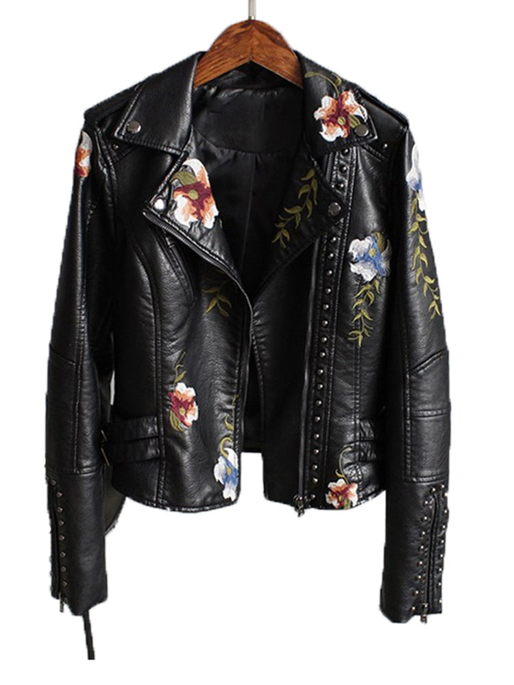 Women's Floral Embroidered Faux Leather Turn-down Collar Motorcycle Punk Jacket