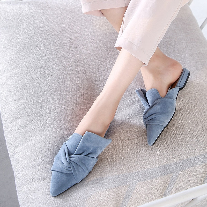 Ladies Mules Flock Bow-Knot Flats Fashion Pointed Toe Office Shoes