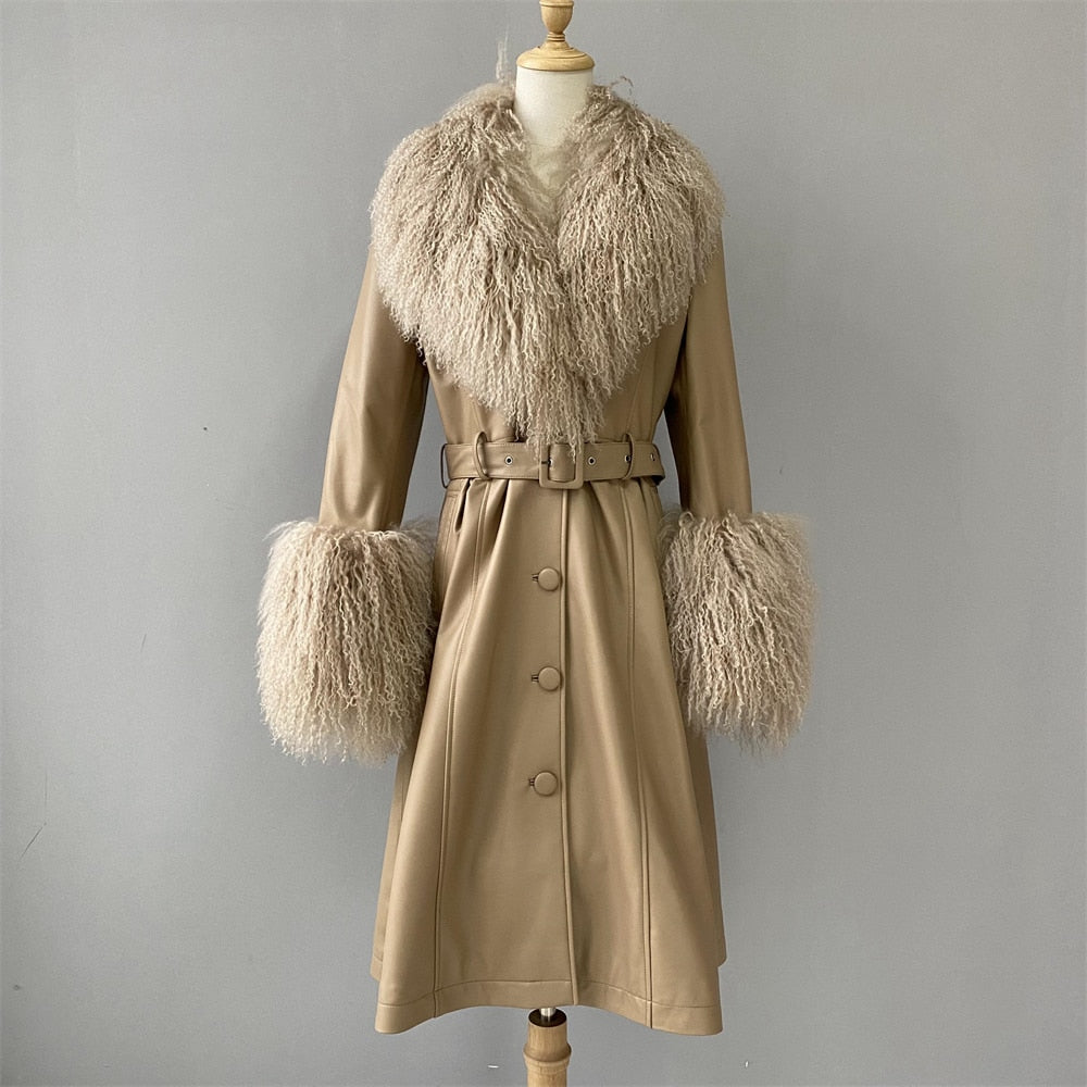 Genuine Leather Ladies Sheepskin w/ Real Fox Fur Collar Trenchcoat