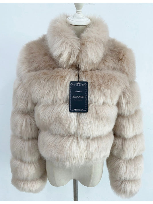 Faux Ladies Cropped Fox Fur Stand Collar Jacket