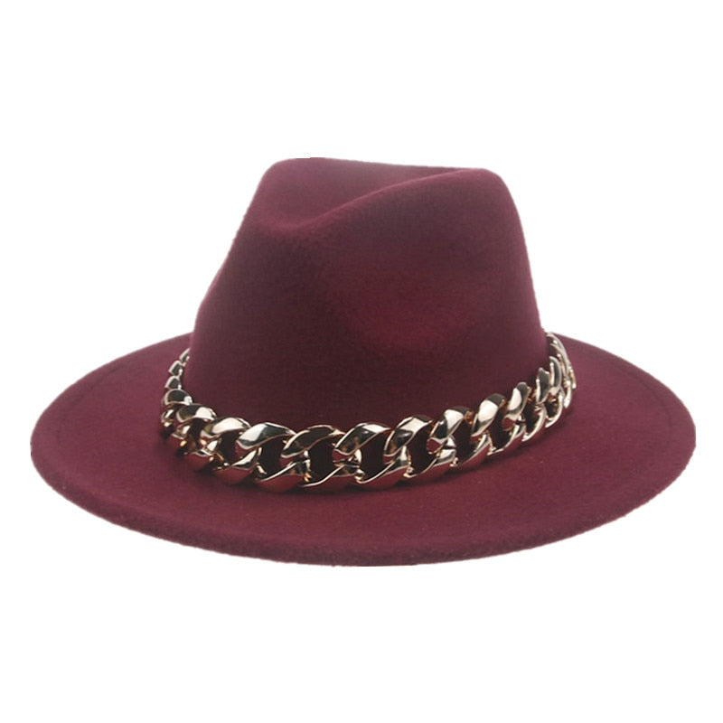 Unisex Gold Chain Design Wide Brim Panama Fedora Hat