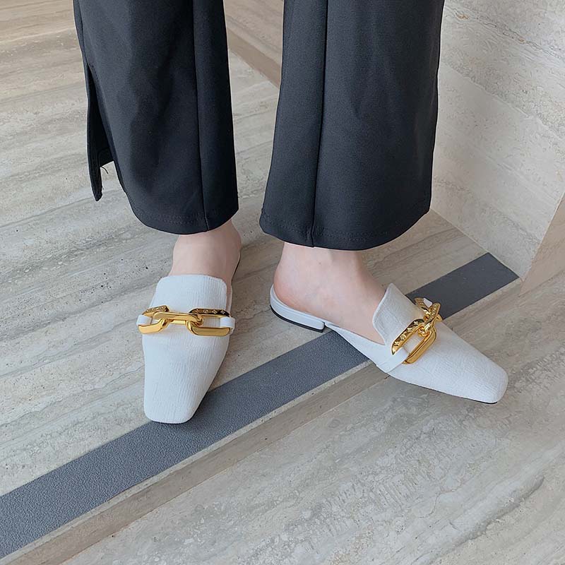 Metal Chain Square Toe Flat Mules