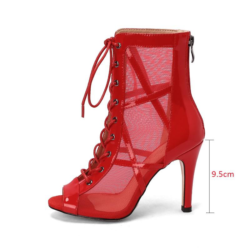 Patent Leather Patchwork Mesh Cross Tie Up Open Toe Ankle Boots