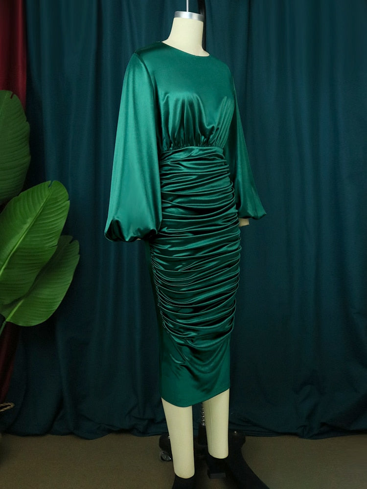 Satin Green Plus Bodycon Elastic Smocked Midi Dress to 4X