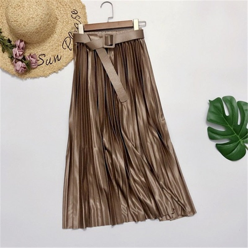 Satin Loose Pleated Solid Color High Waisted Maxi Skirt