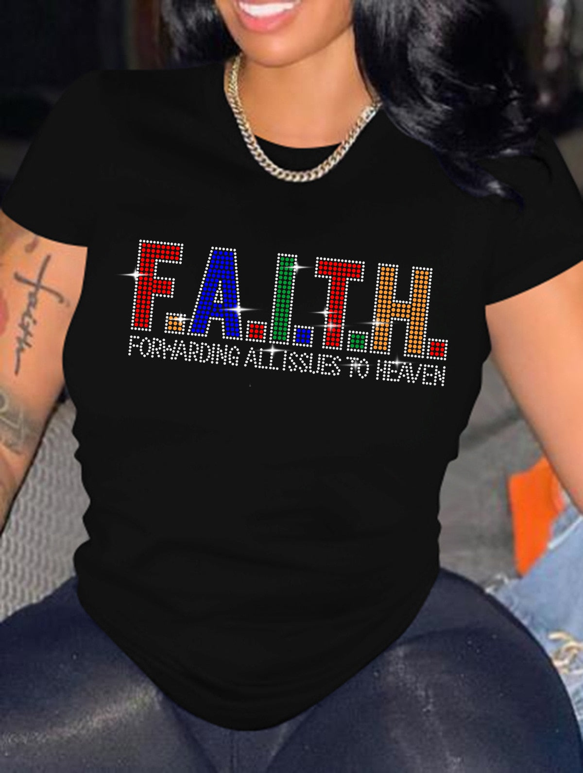 Rhinestone Faith Letter Gradient Geometric Print Short Sleeve O-Neck Ladies T-Shirt to 5X