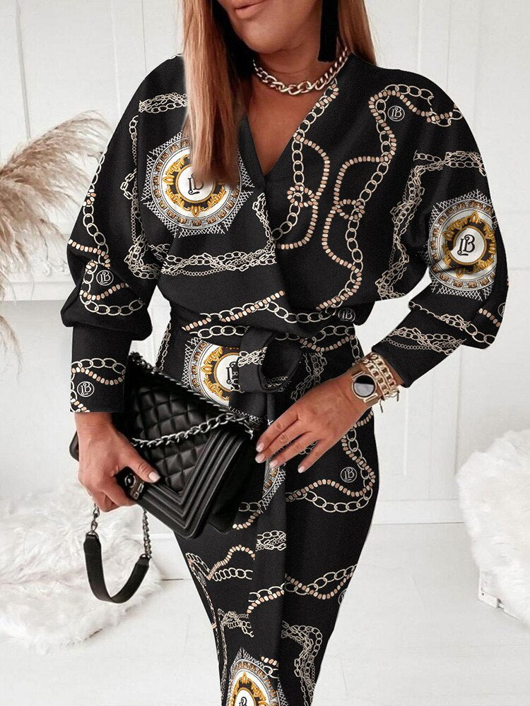 Geometric Print Long Sleeve Belted Midi Wrap Dress