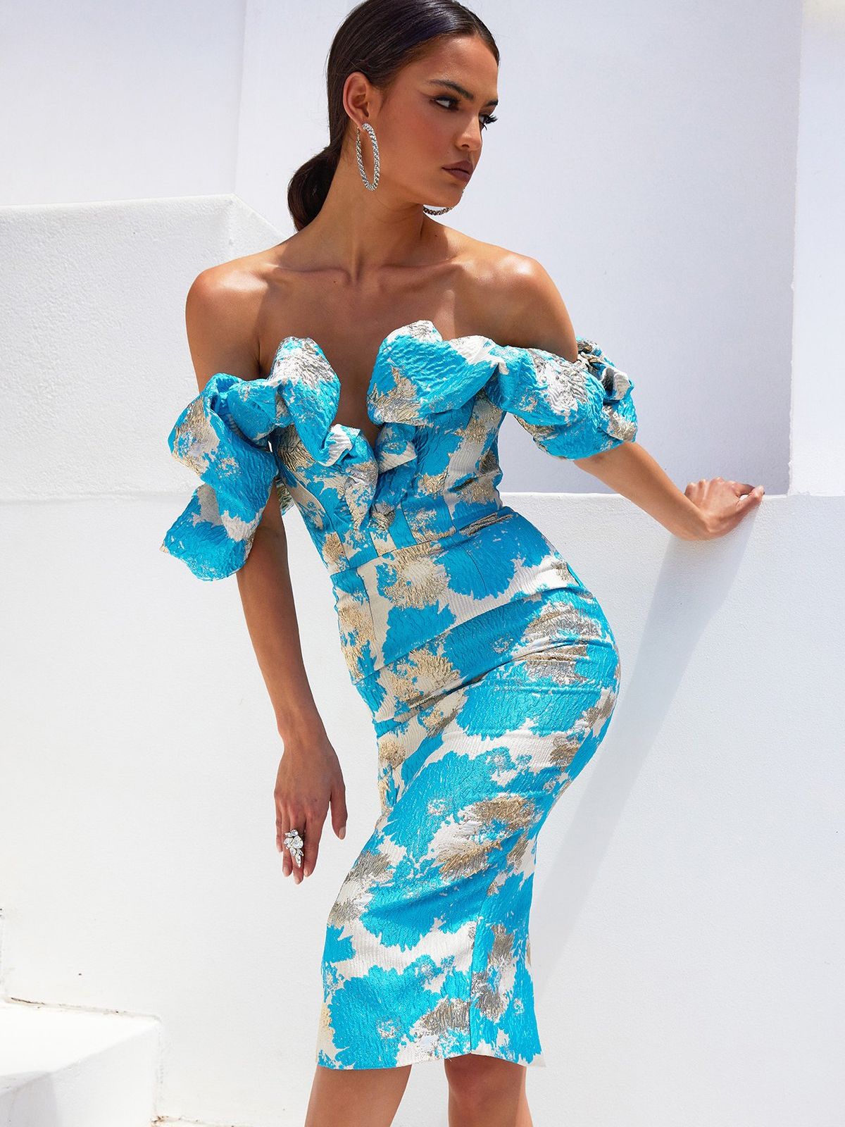 Ruffled Off Shoulder V-Neck Backless Midi Split Dress