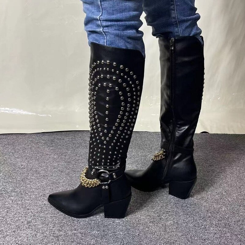 Rivet Gold Chain Leather Knee High Pointed Toe Cowboy Boots