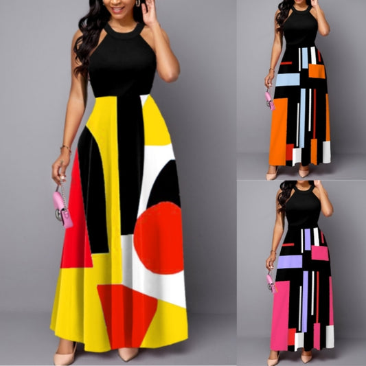 Abstract Geometric Colorblock Printed A-Line Halter Tank Maxi Dress to 5X Plus Size