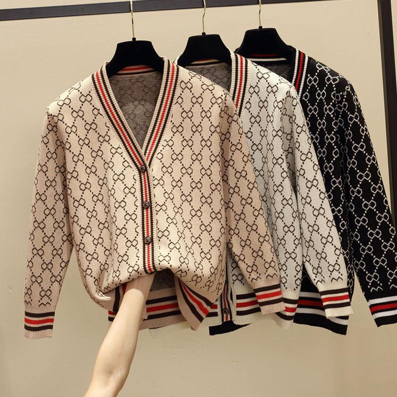 Jacquard Monogram Print Long Sleeve Jacket Button Ladies Sweater