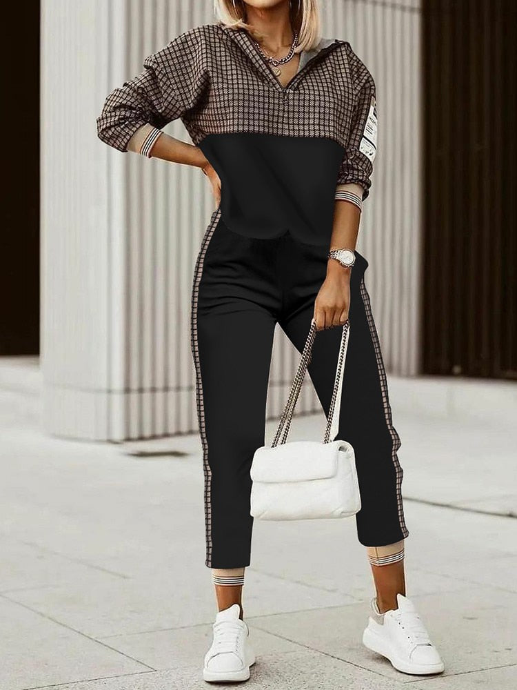 Geometric Printed Letter Long Sleeve Top & Pants 2-Piece Set