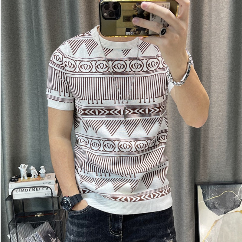 Men's Short Sleeve Knitting Color Contrast T-Shirt