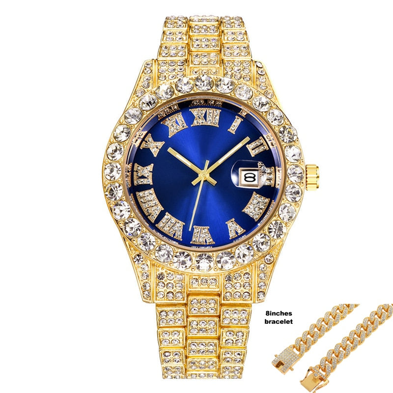 Colored Iced Out Full Diamond Around Luxury Quartz Men's Watches Silve