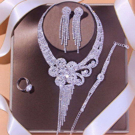 Flower Rhinestone Bridal Jewelry Set: Earrings, Necklace & Bracelet