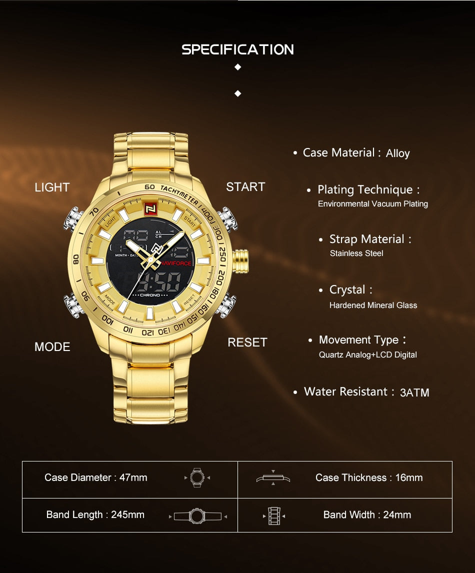 Men's Gold Quartz LED Waterproof Watches