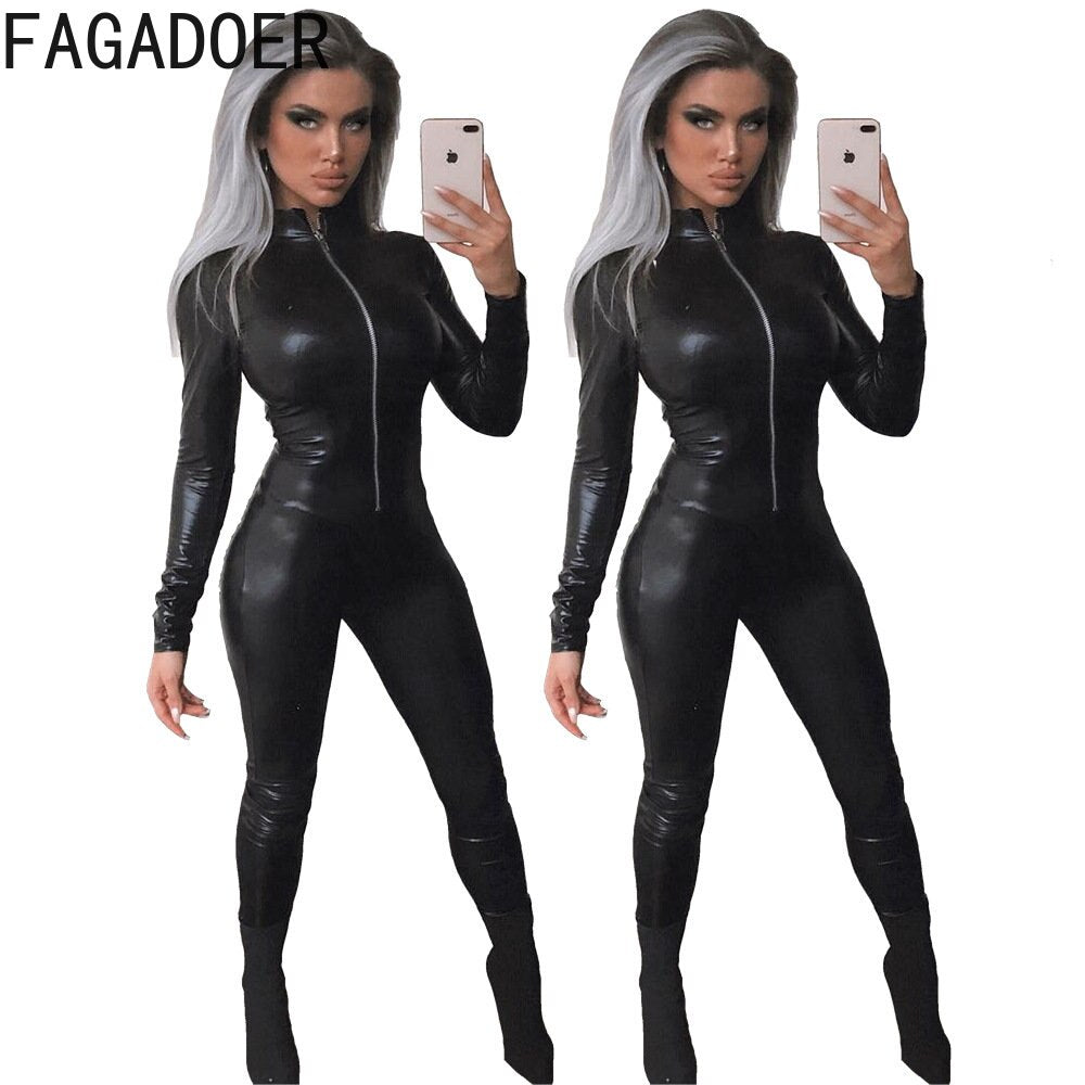 Faux PU Leather Zipper Long Sleeve Bodycon Jumpsuit