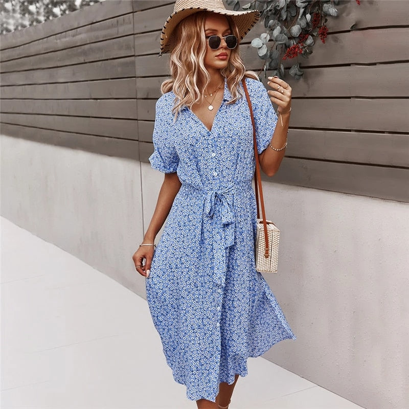 Floral Printed Turn-Down Collar Short Sleeve Bohemian Dress Midi w/ Sash Belt