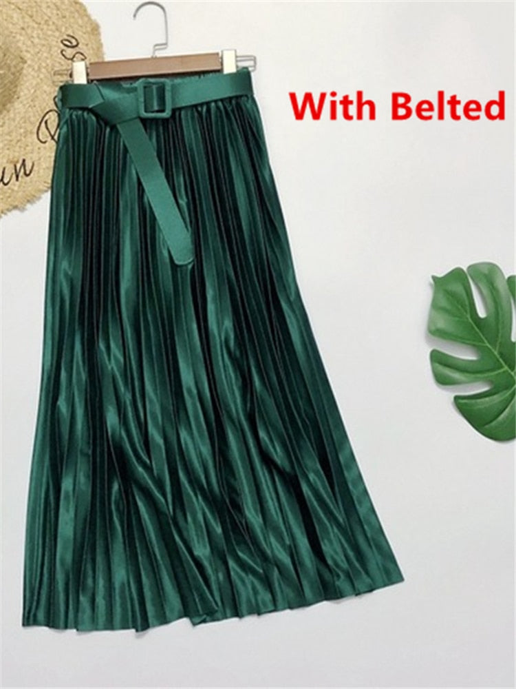 Satin Loose Pleated Solid Color High Waisted Maxi Skirt