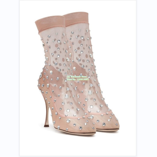 Mesh Crystal Rhinestone Embellished Pointed Toe Stiletto Leather Ankle Boots