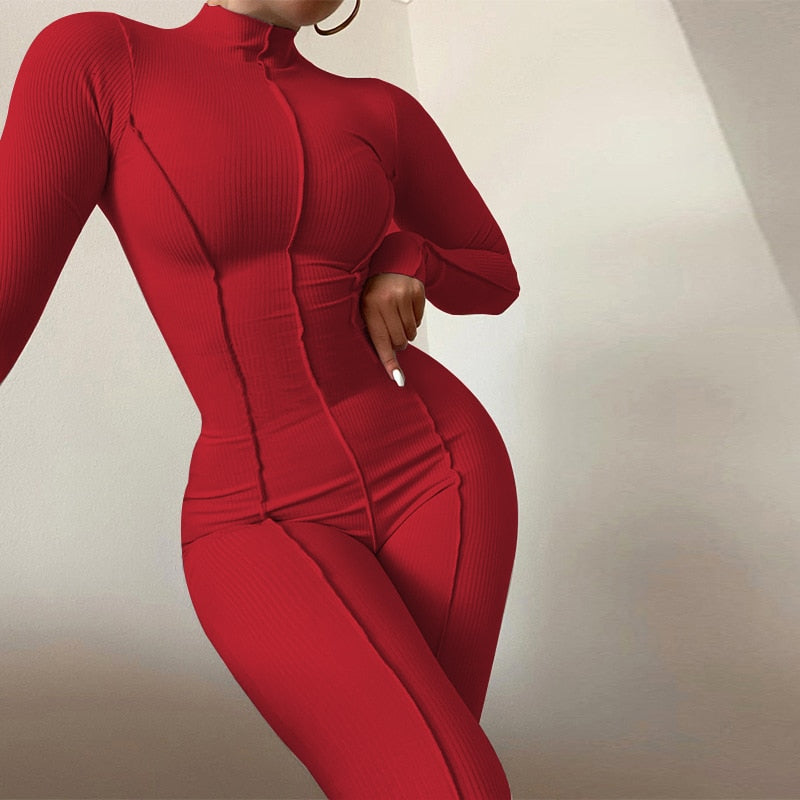 Solid Line Design Long Sleeve Bodycon Ladies Fitness Workout Jumpsuit