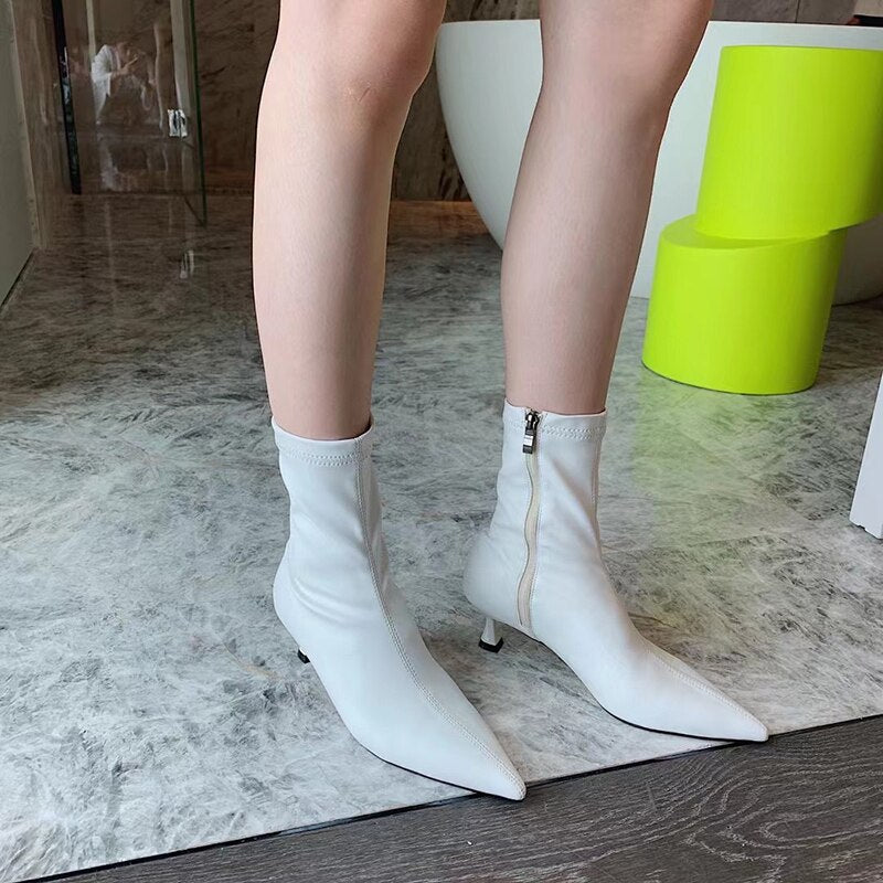 Pointed Toe Stretch Shoes Thin Mid Heel Side Zipper Ankle Boots