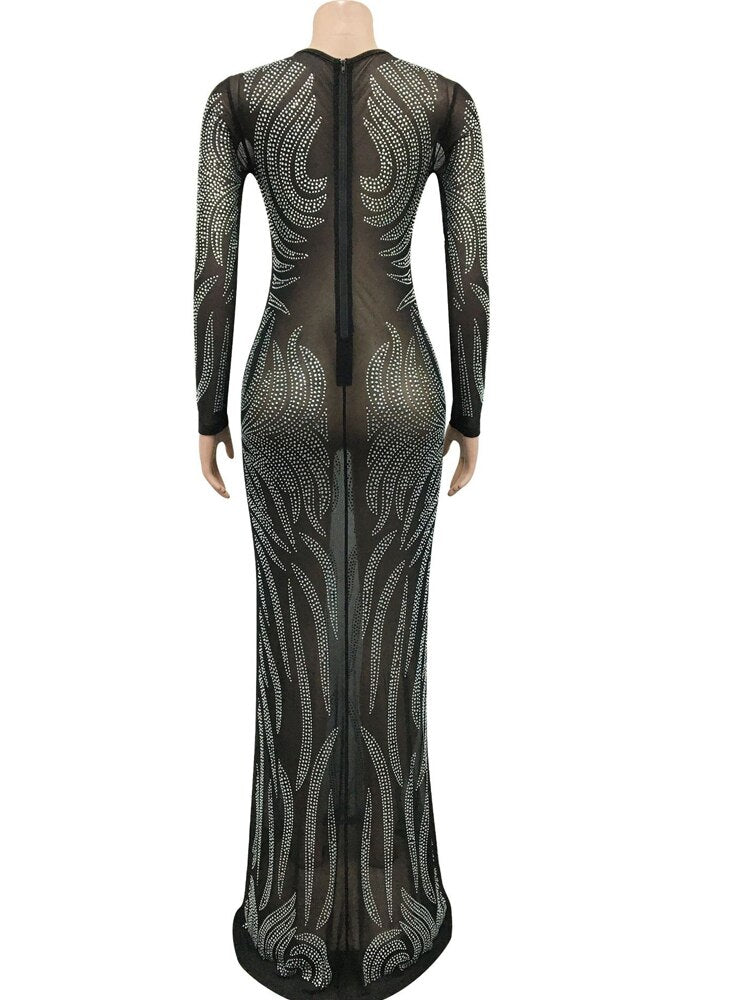 Sheer Mesh Transparent Crystal Rhinestone Sequin Long Sleeve Floor-Length Evening Gown Party Dress