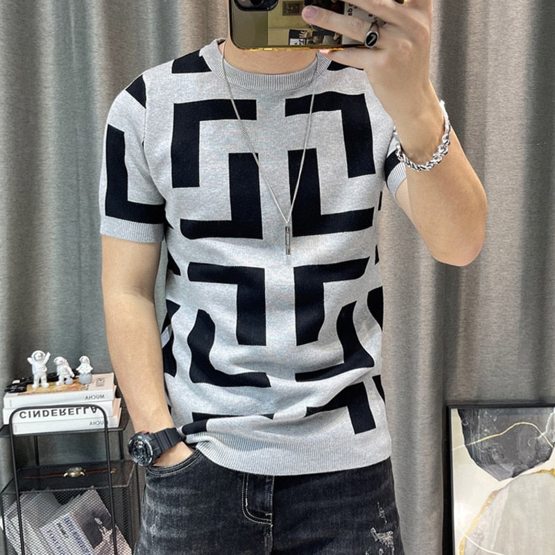 Men's Short Sleeve Knitting Color Contrast T-Shirt