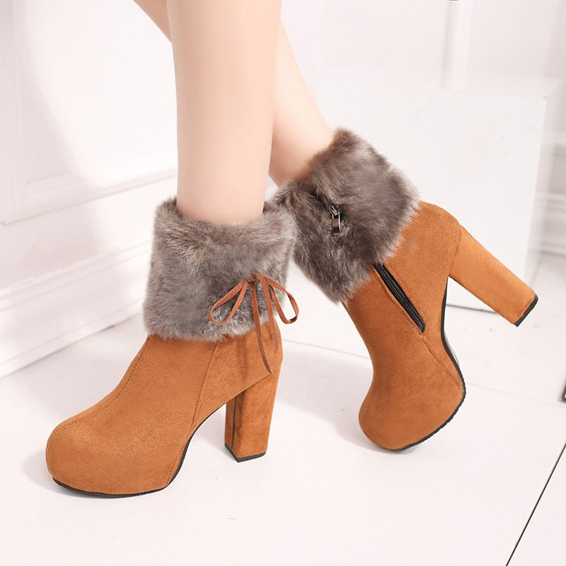 Plush Furry Platform Round Toe Square Heel Ankle Boots