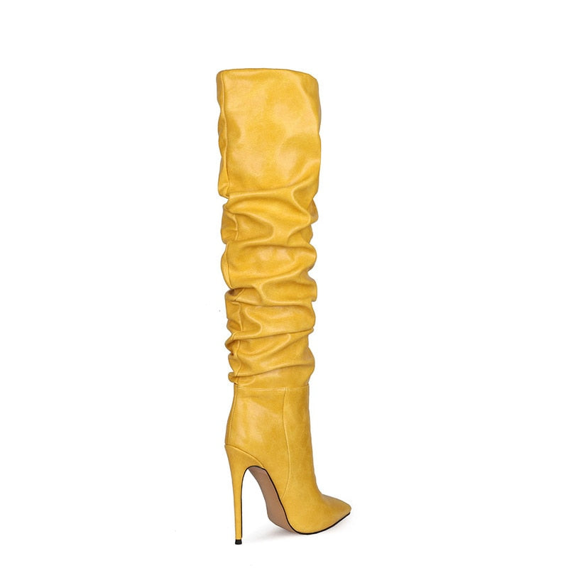 Pointed Toe Pleated Ruched Knee High Boots Ladies