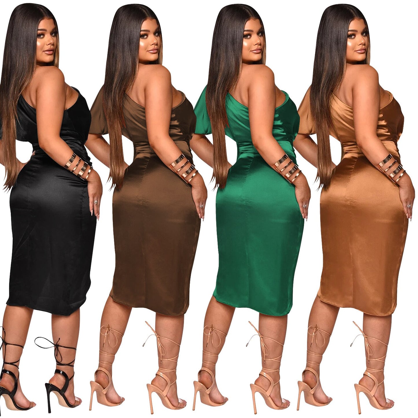 Satin Asymmetrical One-Sleeve Irregular Bodycon Side Slit Dress