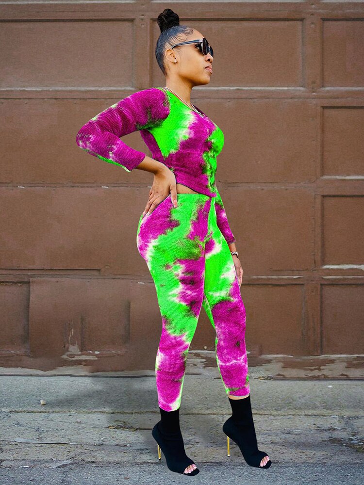 Tie Dye Print O-Neck Long Sleeve Crop Top + High Waist Pencil Legging 2-Piece Set