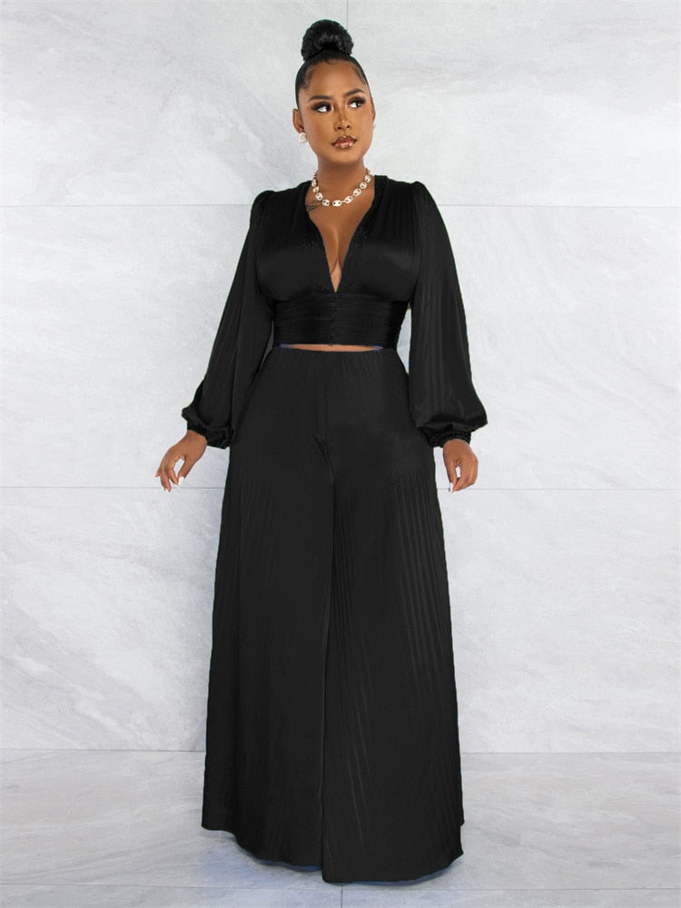 Satin Cropped Solid Women's Long Sleeve V-Neck Top & Wide Leg Pants 2-Piece Set