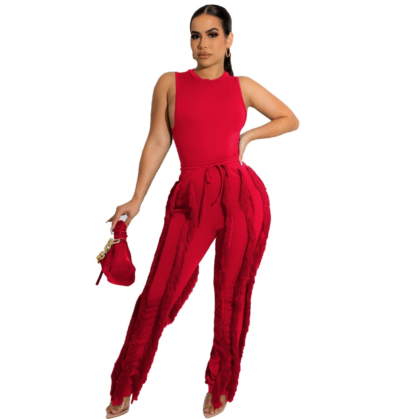 Sleeveless Top & Tassel Side Straight Pants 2-Piece Set