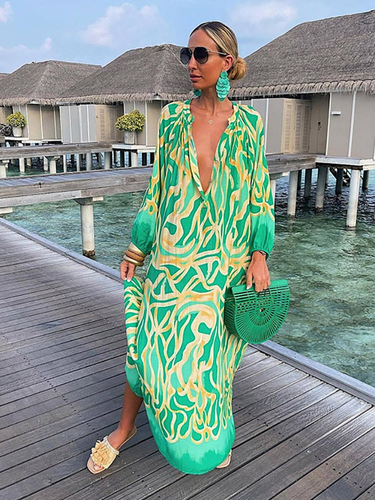 Bohemian Deep V-Neck Vintage Print Long Sleeve Maxi Dress