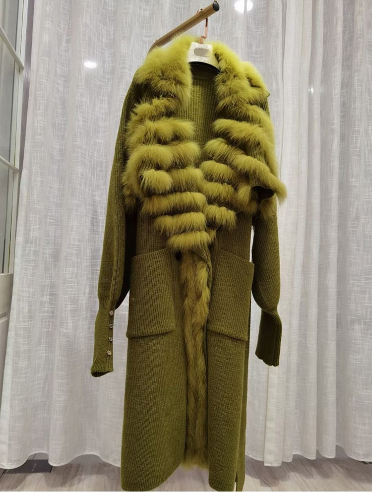 Women's Real Fox Fur Collar Knitted Oversized Maxi Cardigan Sweater Trenchcoat w/ Belt