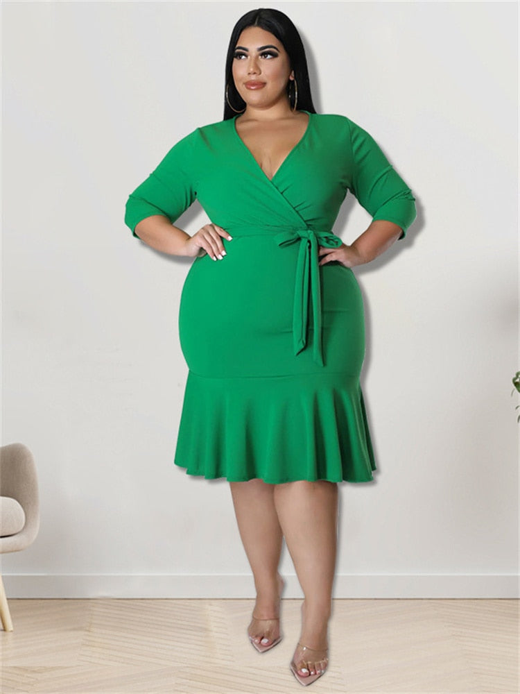 Ruffled Hem Solid Deep V-Neck Bandage Plus Size Midi Dress to 4X