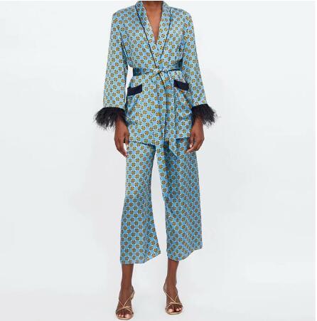 Monogram Print Kimono Jacket w/ Feather Sleeves + Wide Leg Pants Ladies 2-Piece Suit