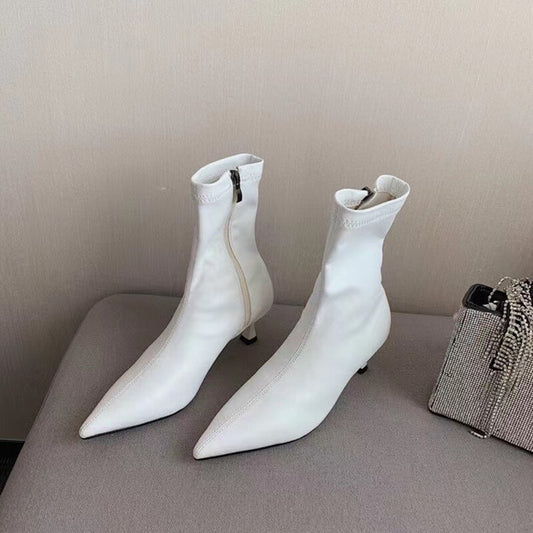 Pointed Toe Stretch Shoes Thin Mid Heel Side Zipper Ankle Boots