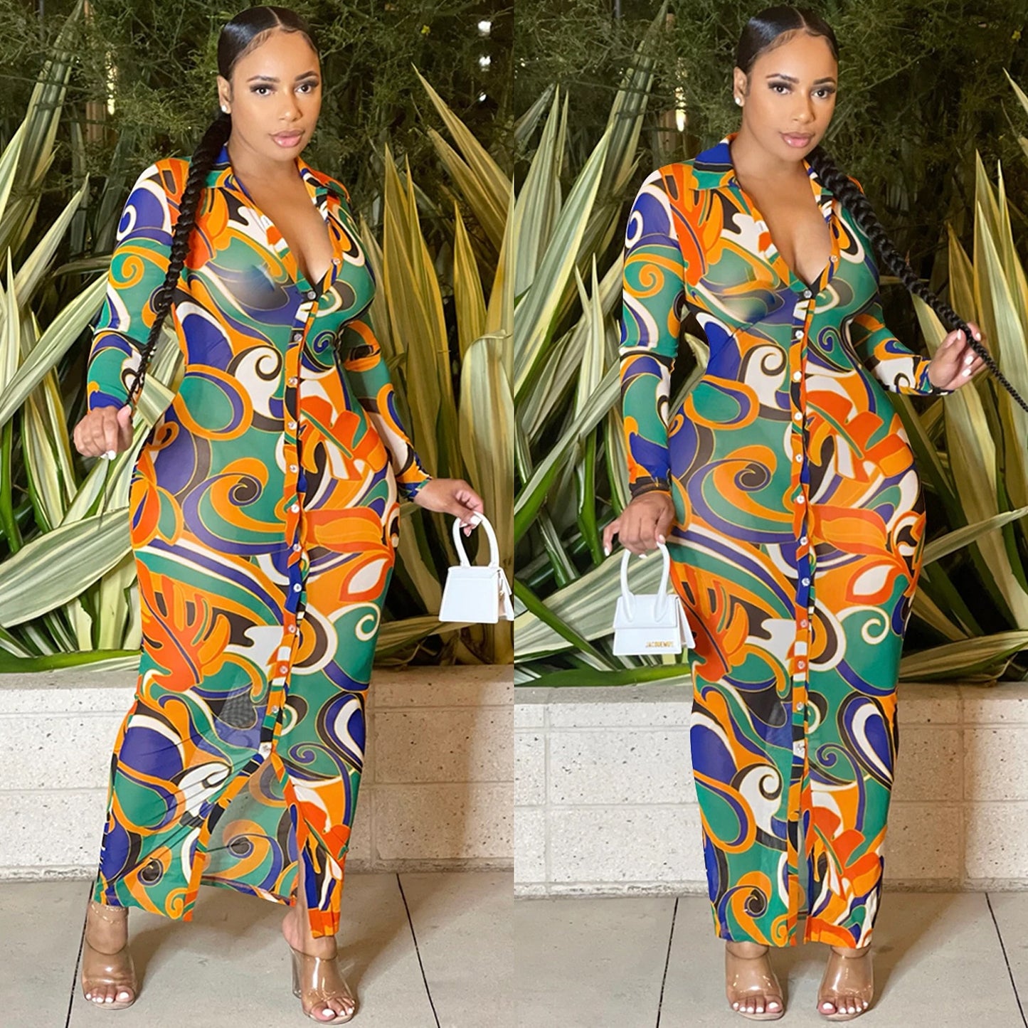 Print Mesh Sheer Bodycon Button Up Long Sleeve Maxi Dress