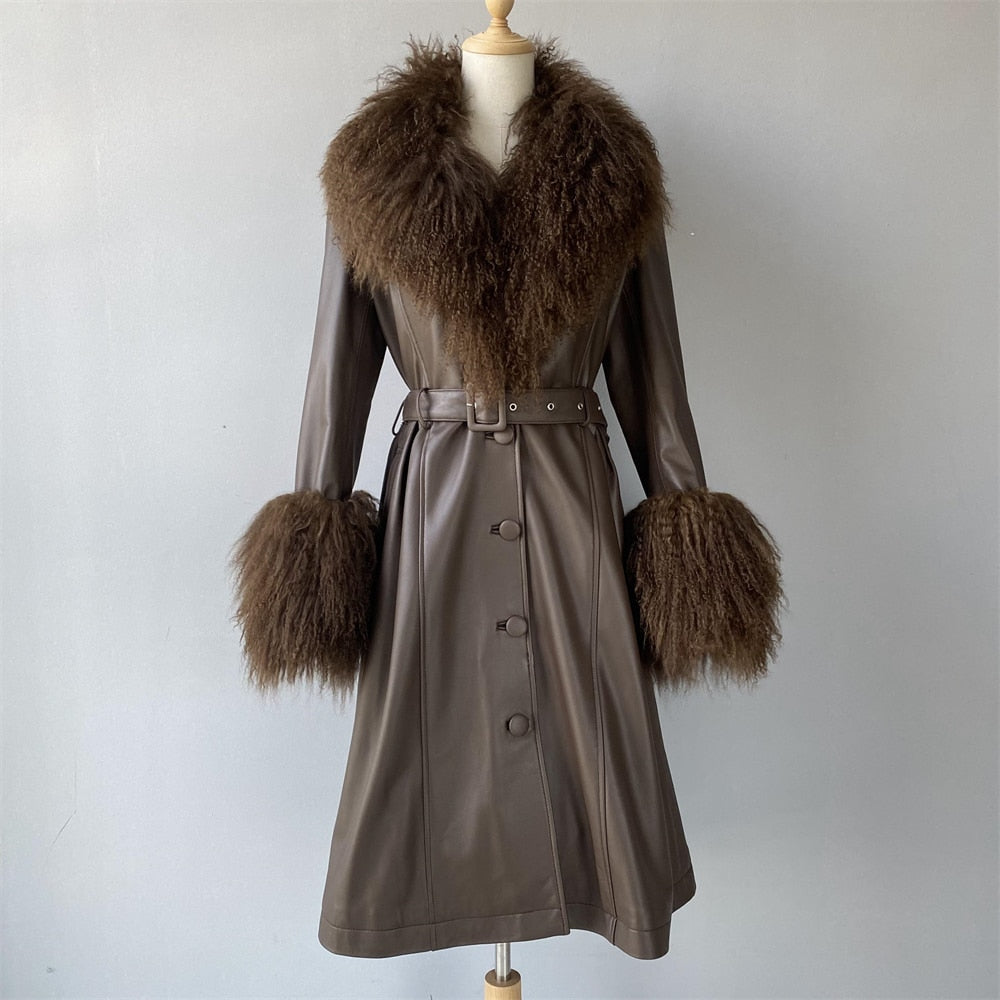 Genuine Leather Ladies Sheepskin w/ Real Fox Fur Collar Trenchcoat