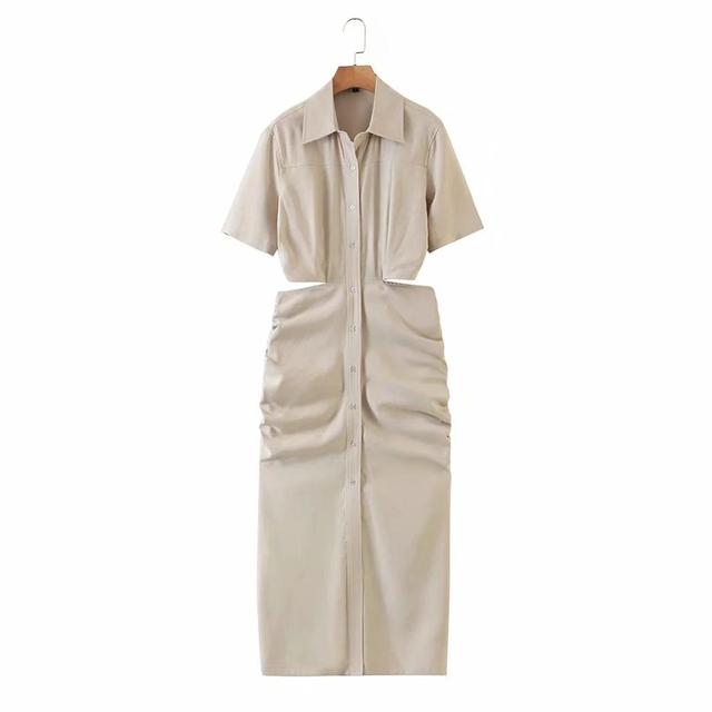 Ruched Solid Turn-Down Collar Cut-Out Waist Short Sleeved Bodycon Midi Dress