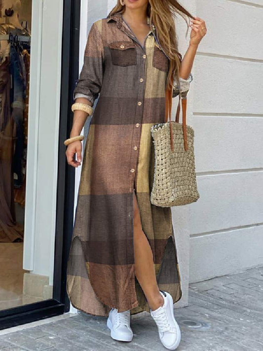 Plaid Colorblock Long Sleeve Maxi Shirt Dress