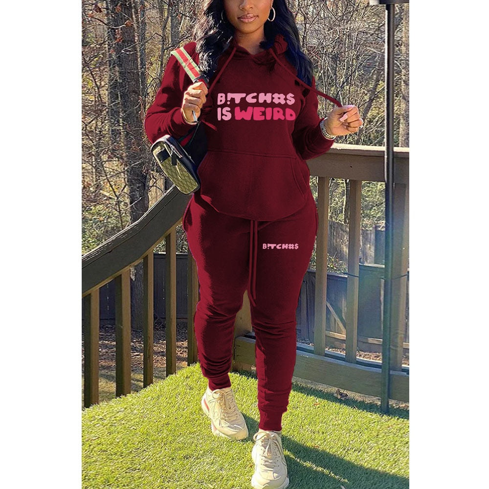 "B%&tches Is Wierd" Printed Women's Hoodie + Sweatpants Tracksuit to 5X Plus Size