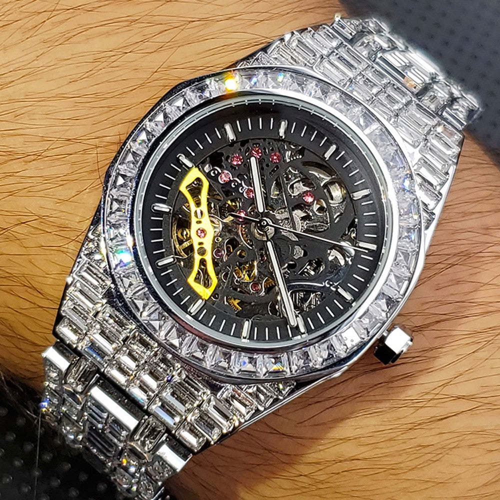 Men's Hip Hop Full Diamond Skeleton Mechanicl Iced Out Waterproof Watch