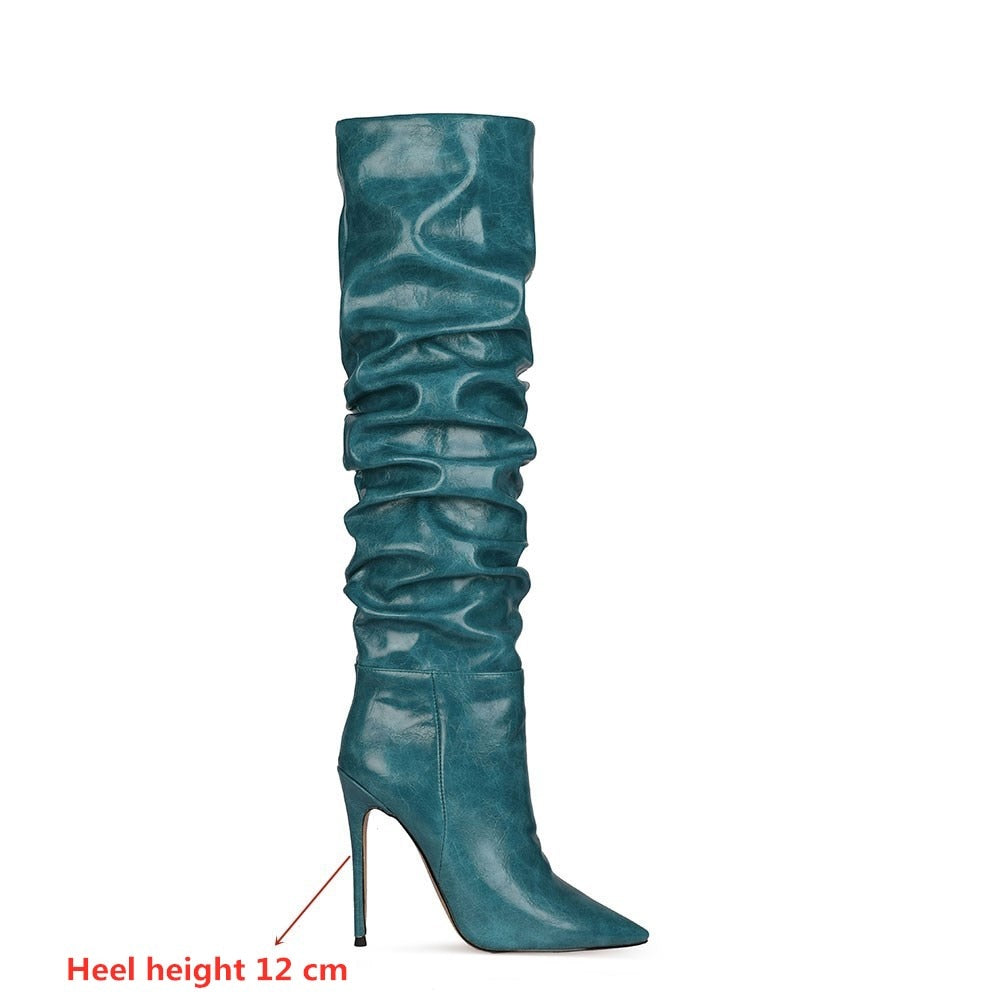 Pointed Toe Pleated Ruched Knee High Boots Ladies