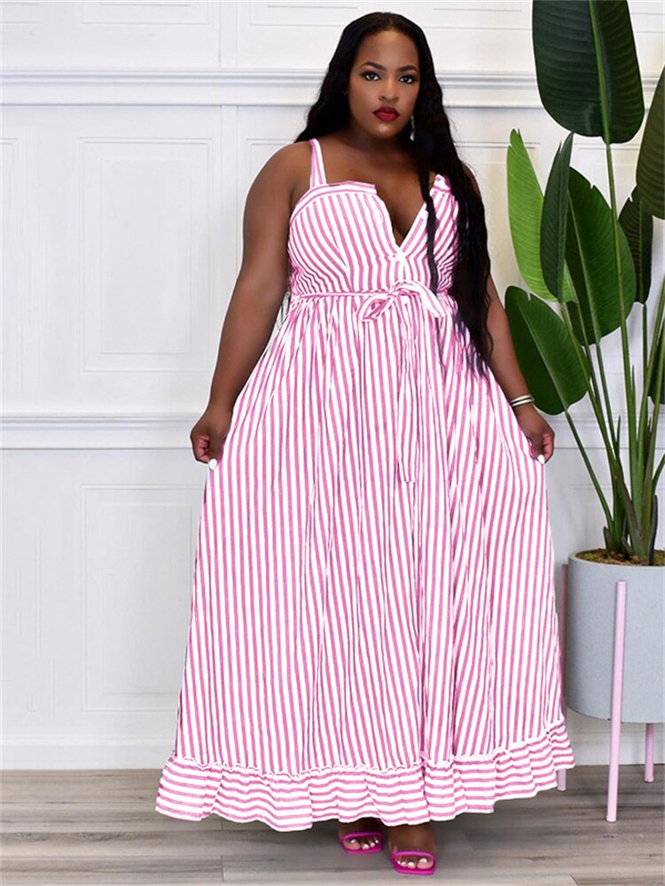 Striped Sash Loose Maxi Dress