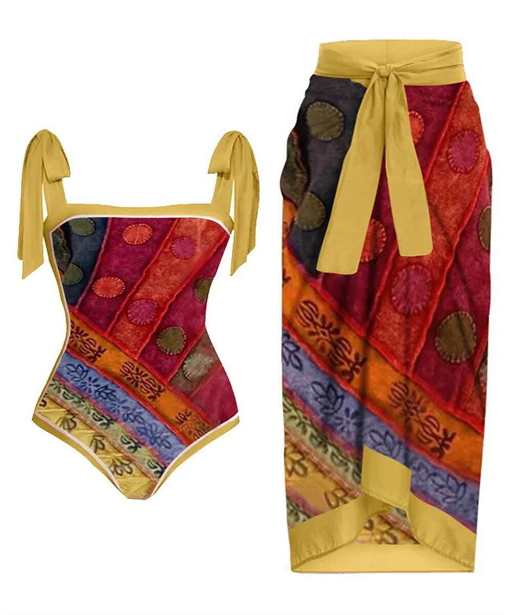 Vintage Tempermant One-Piece Swimsuit w/ Matching Mesh Sarong