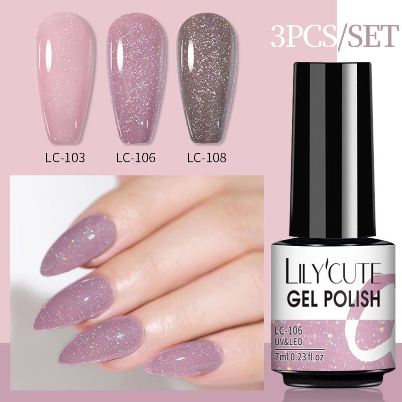 3 Piece Gel Polish Set: Winter Color Glitter Sequin Matte Effect Gel, Long Lasting Base Top Coat Nail Art Design