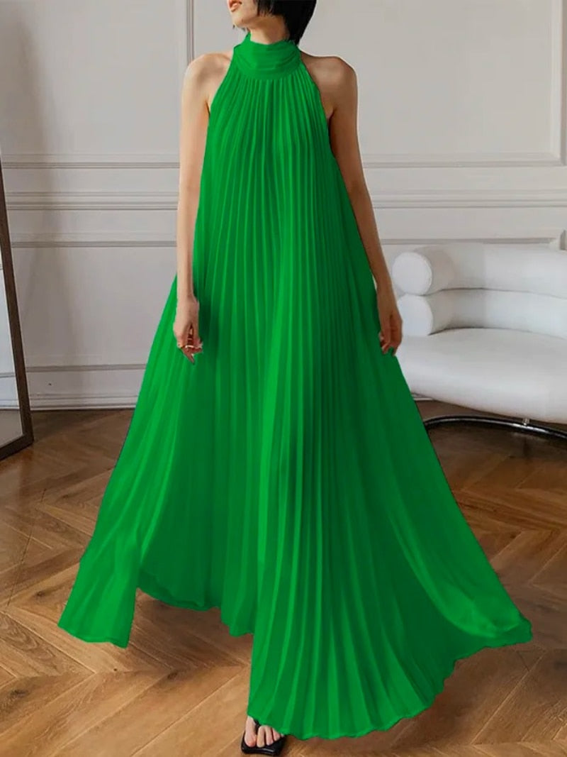 Sleeveless Halter Neck Pleated Party Loose A-Line Maxi Dress